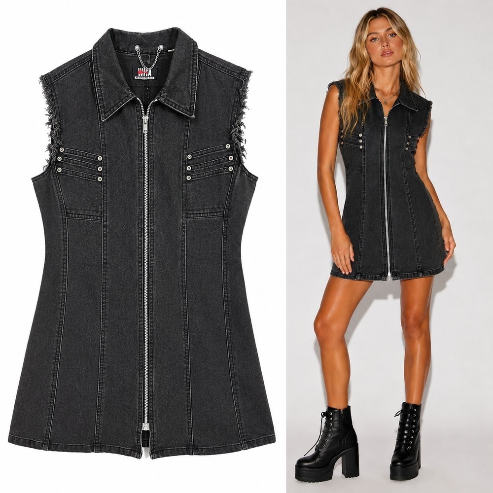 WHA Vintage Black Denim Mini Dress M Punk Grunge Moto Y2K Full Zip Emo 90's Jean